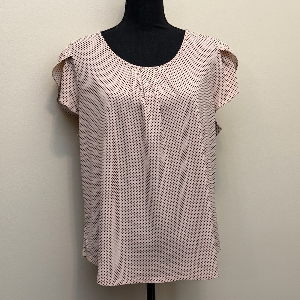 Adrianna‎ Papell Womens L Champagne Dot Blouse Petal Sleeve Round Pleated Neck
